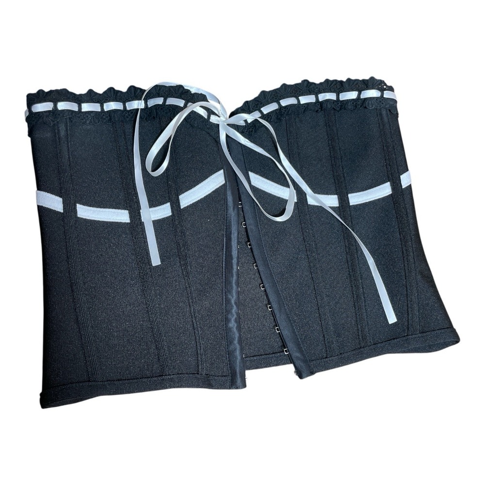 Pretty Little Thing Black‎ Bandeau Hook/eye Ribbon Trim Boned Corset US 6